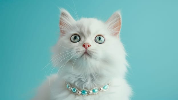 White cat wearing pearl necklace on blue background.