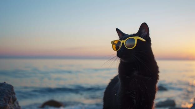 Black cat wearing yellow sunglasses on beach.