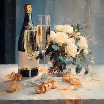 Glasses, champagne and a bottle. Flowers in a vase of streamers about. New Year's celebrations. A time of celebration and resolutions.