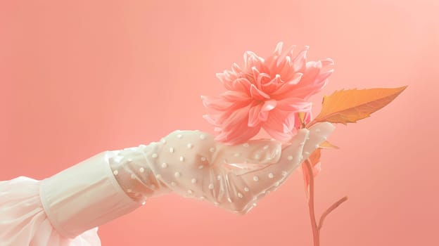 The tender hand of a woman in a white glove with polka dots holds a flower on a pink background.