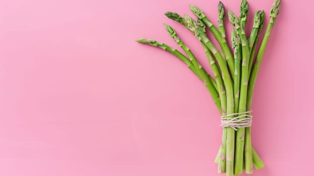 Bundle of asparagus on pink background.