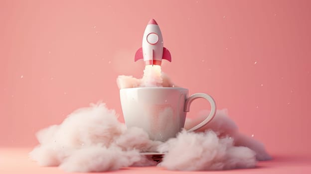 Rocket Launching from a Coffee Cup Surrounded by Clouds.