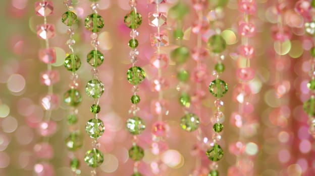 Pattern of delicate pink and green beads hanging from the top, with sparkling crystals and shimmering threads.