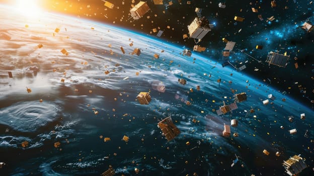 space junk in Earth orbit, Lots of trash over planet earth a concept of space trash with space