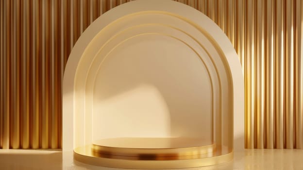 Gold background with stand podium with luxury arch shape scene. Abstract minimal wall scene for mockup products display.