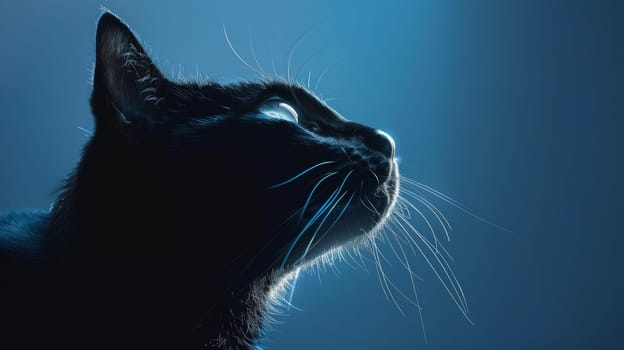 Close up of a black cat with blue eyes on blue background.