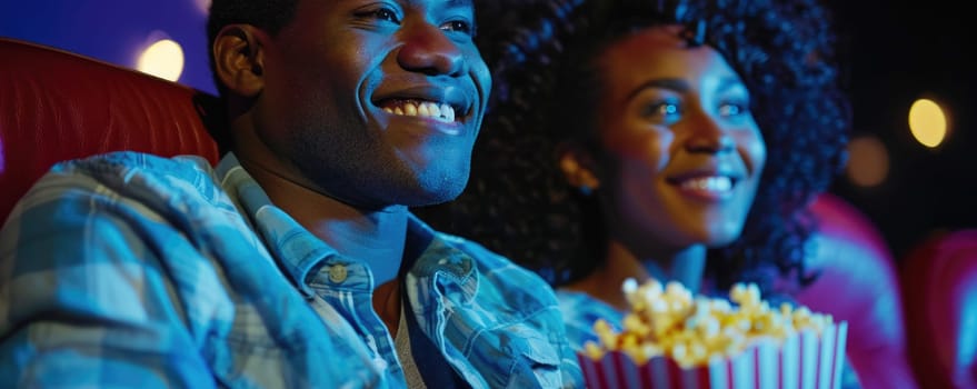 african american couple laughing while watching movie in cinema. ai generated