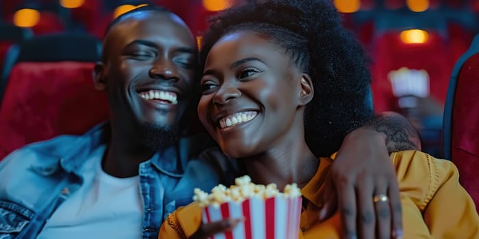 african american couple laughing while watching movie in cinema. ai generated