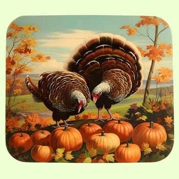 Illustration, drawing of two turkeys with their heads facing the pumpkin and leaves under them. Turkey as the main dish of thanksgiving for the harvest. An atmosphere of joy and celebration.