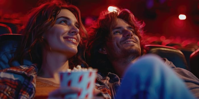 couple laughing while watching movie in cinema. ai generated