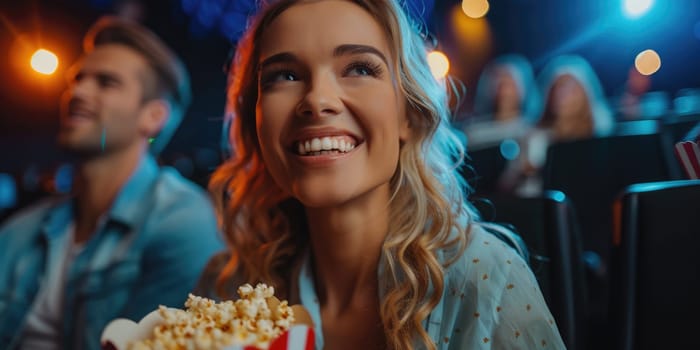 african american couple laughing while watching movie in cinema. ai generated