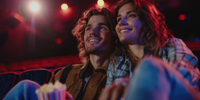 couple laughing while watching movie in cinema. ai generated