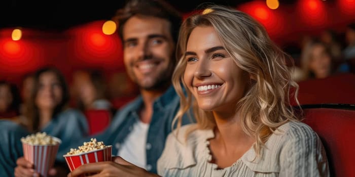 couple laughing while watching movie in cinema. ai generated