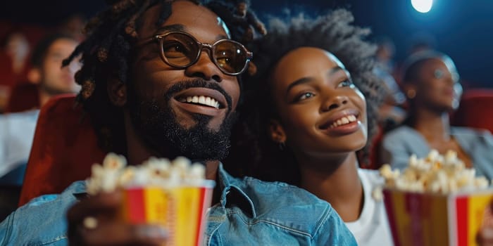 african american couple laughing while watching movie in cinema. ai generated