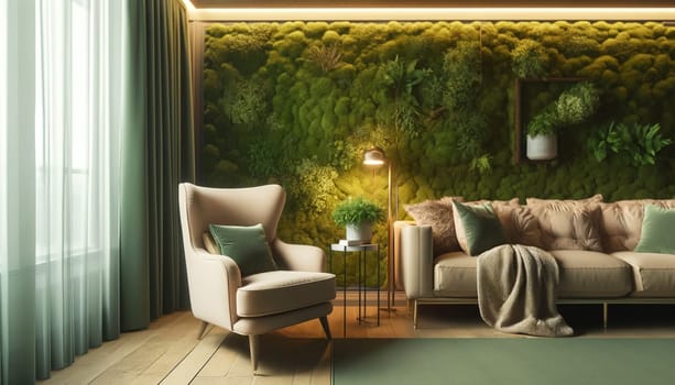 Decorative preserved forest moss on the wall in the living room interior, environmental design concept.