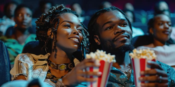 african american couple laughing while watching movie in cinema. ai generated