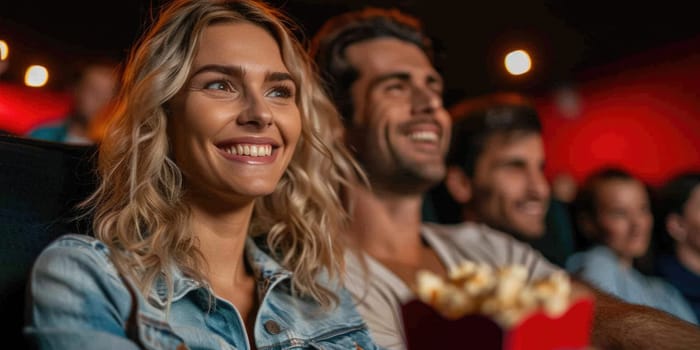 couple laughing while watching movie in cinema. ai generated