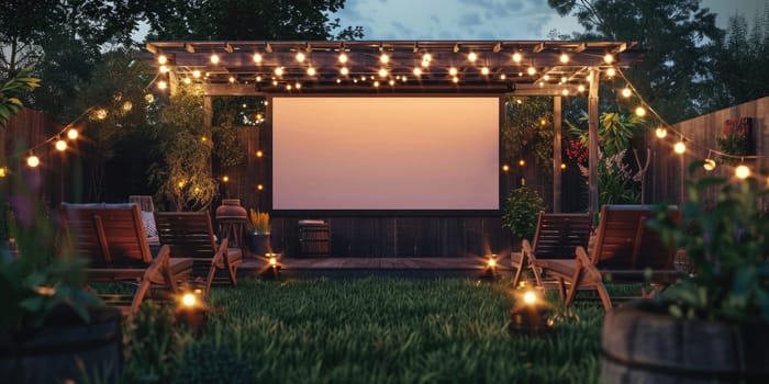 blank white screen outdoors. colorful bean bags in green grass park. outdoor cinema, big screen show. ai generated