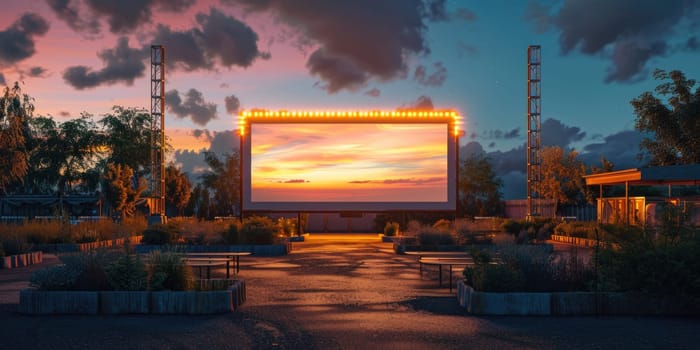 blank white screen outdoors. colorful bean bags in green grass park. outdoor cinema, big screen show. ai generated