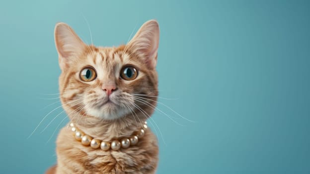 Elegant cat wearing pearl necklace on blue background.