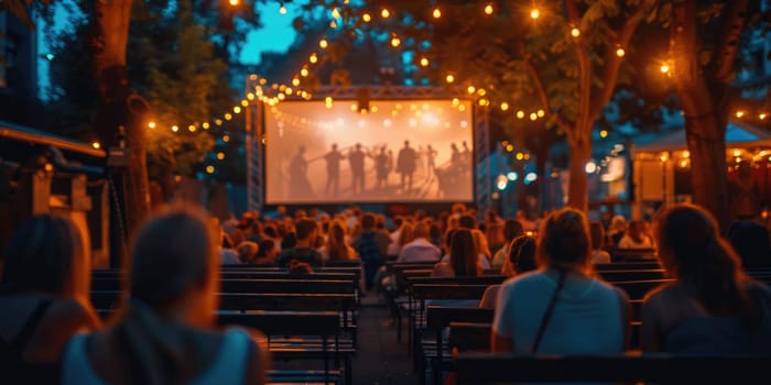 blank white screen outdoors. colorful bean bags in green grass park. outdoor cinema, big screen show. ai generated