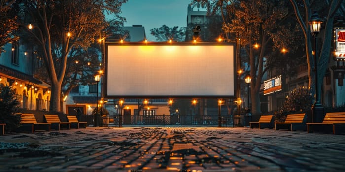 blank white screen outdoors. colorful bean bags in green grass park. outdoor cinema, big screen show. ai generated