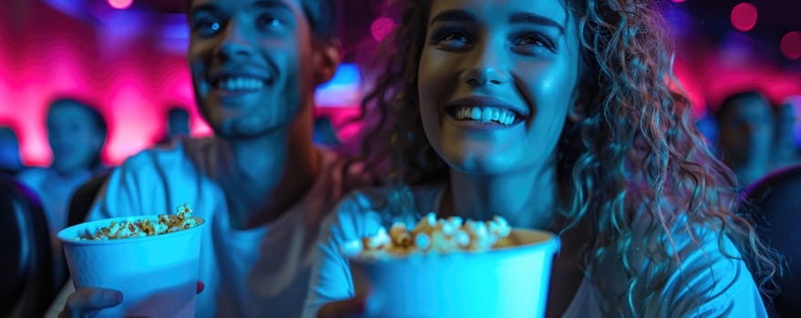 two friends watching movie in cinema, eating popcorn. ai generated