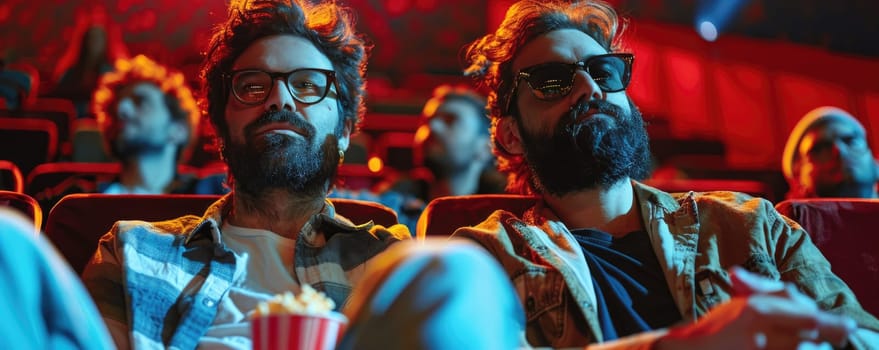 two men watching movie in cinema, eating popcorn. ai generated