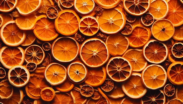 fruity orange background of dried sliced oranges.