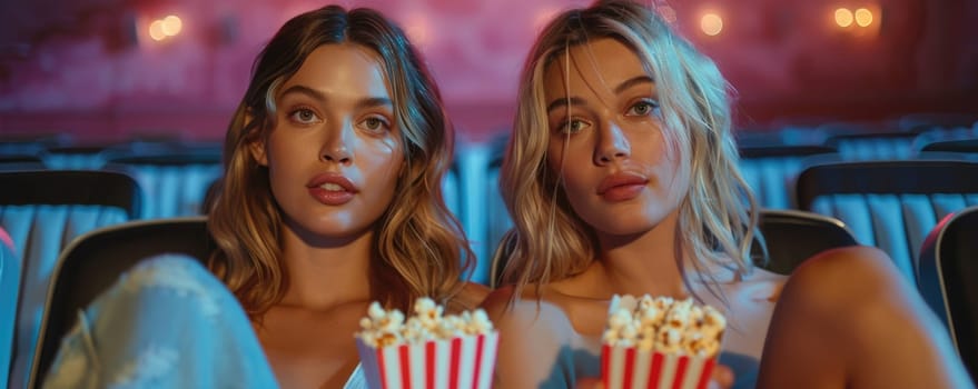 two women watching movie in cinema, eating popcorn. ai generated