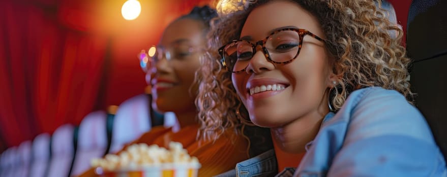 two women watching movie in cinema, eating popcorn. ai generated