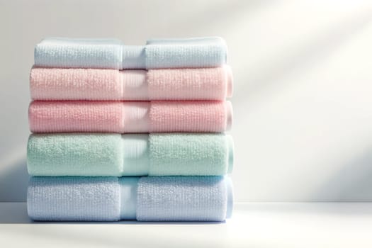 stack of soft terry towels of pastel colors on a white background, copy space.