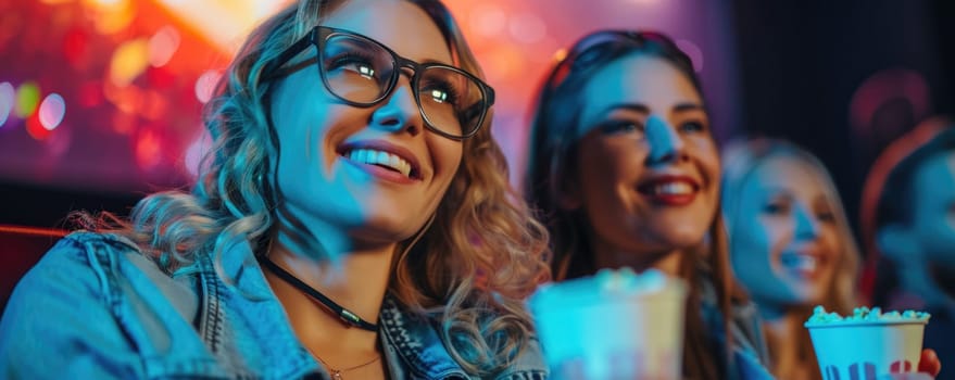 two women watching movie in cinema, eating popcorn. ai generated