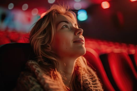 woman watching movie in cinema, eating popcorn. ai generated