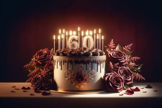 ornate birthday cake with number sixty candles and roses on a dark burgundy background.