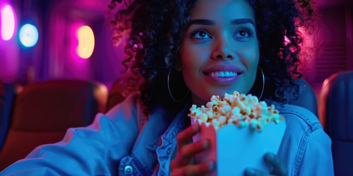 woman watching movie in cinema, eating popcorn. ai generated