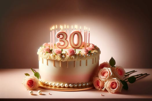 ornate birthday cake with number thirty candles and pink roses on a light pink background.