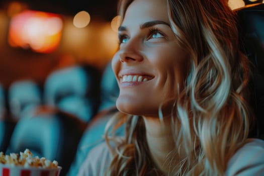 woman watching movie in cinema, eating popcorn. ai generated