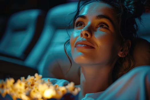 woman watching movie in cinema, eating popcorn. ai generated