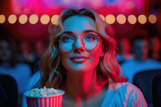 woman watching movie in cinema, eating popcorn. ai generated