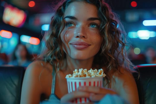 woman watching movie in cinema, eating popcorn. ai generated