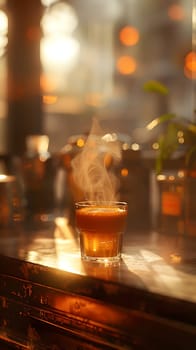 An amber glass of hot tea is placed on a table by the window, emitting a soothing orange glow. The drinkware contains a warm liquid perfect for drinking
