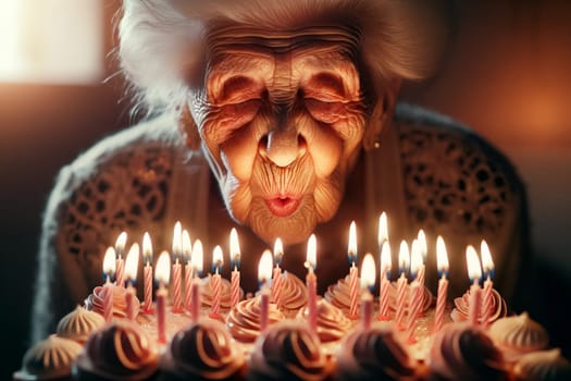 an elderly woman blows out the burning candles on a birthday cake, portrait