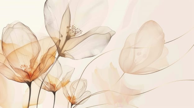 Abstract Flowers with Golden Lines on Watercolor Background.