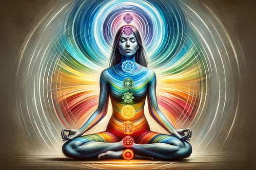 female holographic figure in lotus position with multi-colored chakras.