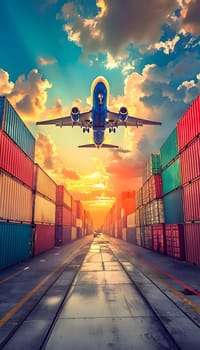 A plane soars through the orange afterglow of sunset, casting a shadow over a row of shipping containers. The sky painted in hues of dusk as the asphalt below turns into a canvas of art