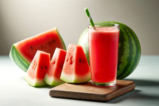 fresh watermelon slices and juice on wooden cutting board close-up