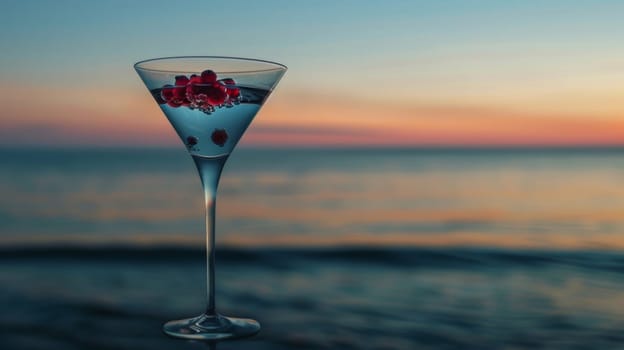 Cocktail glass with drink on beach.