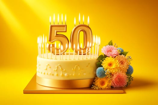 birthday cake with number fifty candles and a bouquet of flowers on a yellow burgundy background.