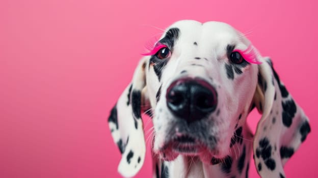 Dalmatian dog with long pink eyelashes on pink background.